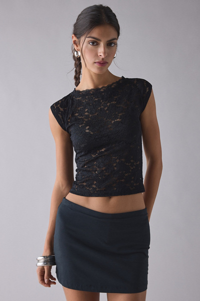 Out From Under Tessa Sheer Lace Short Sleeve Boatneck Tee In Black, Women's At Urban Outfitters In Black