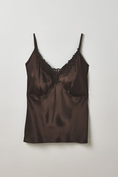 Vintage By Thrift Like A Girl Chocolate Brown Silk Lace Trim Cami