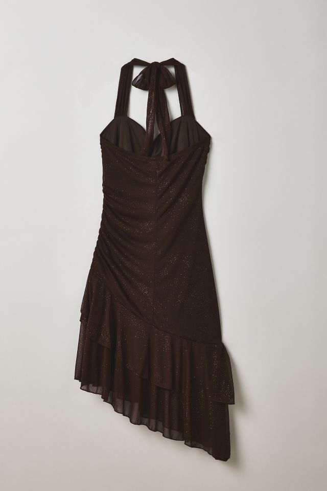 Vintage By Thrift Like A Girl Brown Shimmer Asymmetric Halter Midi Dress #1