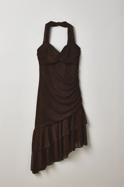 Vintage By Thrift Like A Girl Brown Shimmer Asymmetric Halter Midi Dress