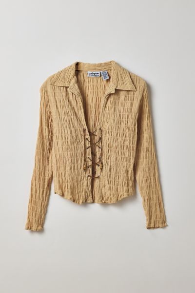 Vintage By Thrift Like A Girl Shirred Lace-Up Long Sleeve Shirt