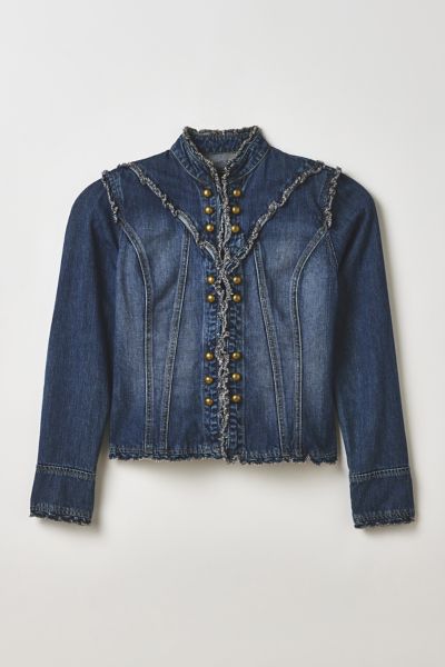 Vintage By Thrift Like A Girl Ruffle Trim Denim Surplus Jacket