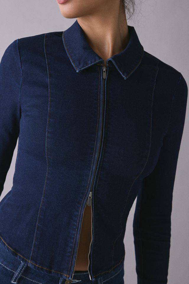 UO Ledia Slim Long Sleeve Zip-Front Denim Shirt #1