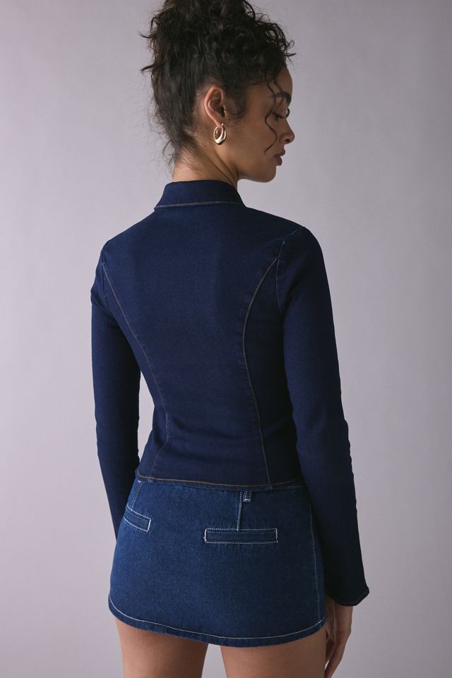 UO Ledia Slim Long Sleeve Zip-Front Denim Shirt #3