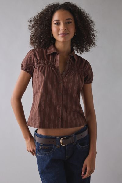Motel Ulsan Brown Pinstripe Puff Sleeve Button-down Blouse In Brown, Women's At Urban Outfitters In Brown