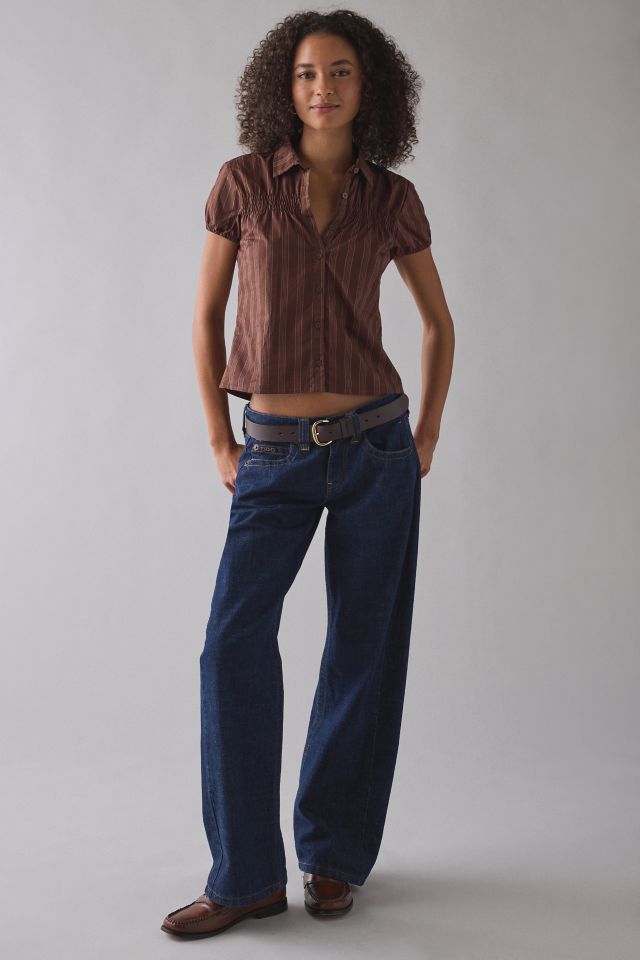 Motel Ulsan Brown Pinstripe Puff Sleeve Button-Down Blouse #2