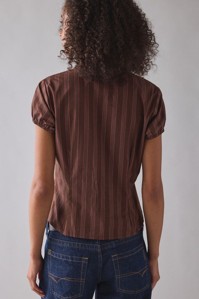 Motel Ulsan Brown Pinstripe Puff Sleeve Button-Down Blouse #3