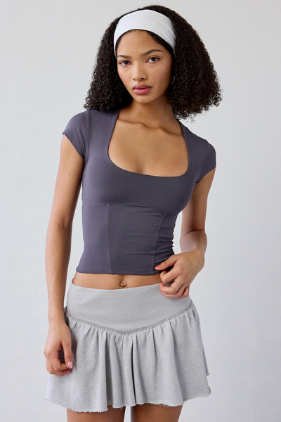 Out From Under Fuseform Get Active Seamed Cutout Cropped Tee Top In Dark Grey, Women's At Urban Outfitters In Blue