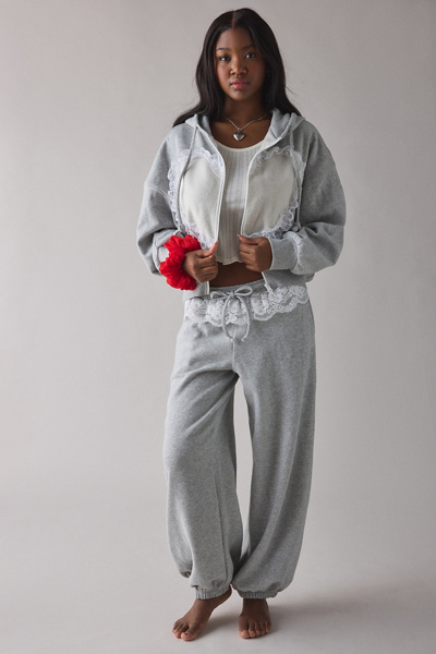 Out From Under Love Is Bliss Lace Trim Cropped Zip-Up Hoodie