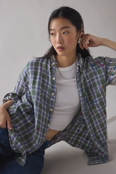 ReMADE By UO Paint Splatter Oversized Flannel Shirt
