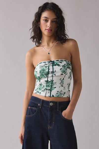 Kimchi Blue Delphine Lace + Ribbon Trim Crop Tube Top In Green, Women's At Urban Outfitters
