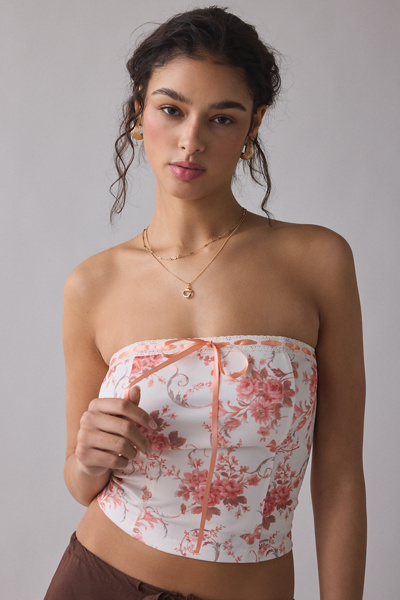 Kimchi Blue Delphine Lace + Ribbon Trim Crop Tube Top In Peach, Women's At Urban Outfitters In Orange