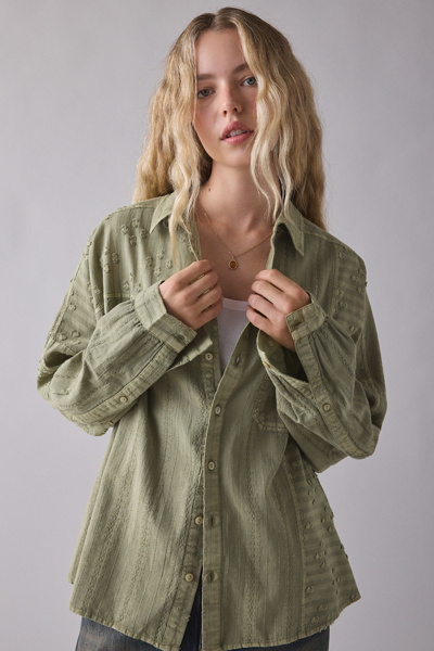 Bdg Alex Oversized Cotton Button-down Shirt In Green, Women's At Urban Outfitters