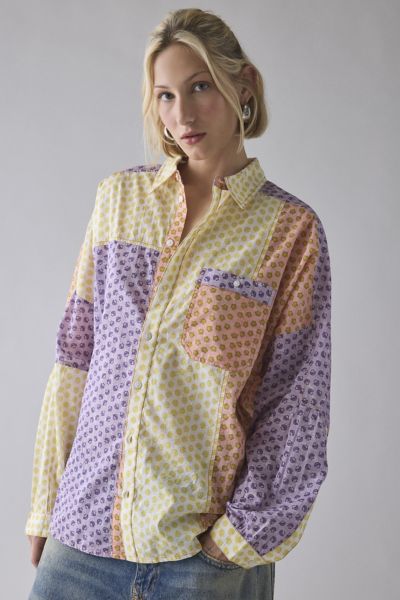 Bdg Alex Oversized Cotton Button-down Shirt In Patchwork, Women's At Urban Outfitters In Multi