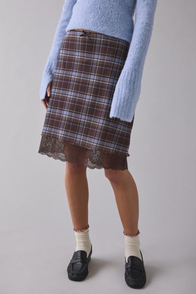 UO Suky Plaid Mesh Lace Trim Slip Midi Skirt