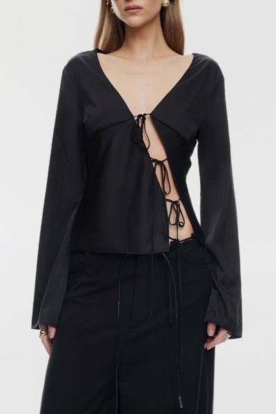 Lioness Mariah Long Sleeve Asymmetric Tie-front Satin Top In Black, Women's At Urban Outfitters In Black