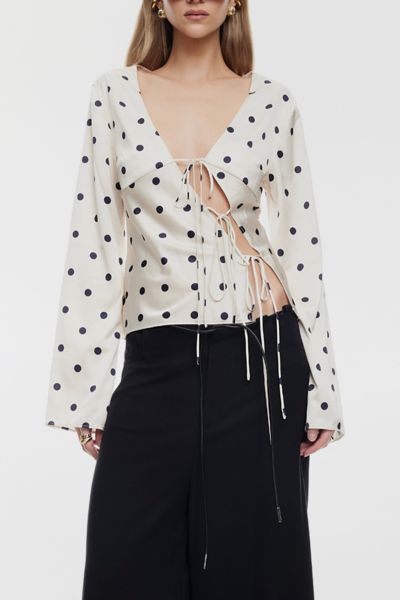 Lioness Mariah Long Sleeve Asymmetric Tie-Front Satin Top