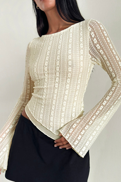 Motel Malakai Lace Asymmetric Boatneck Long Sleeve Top