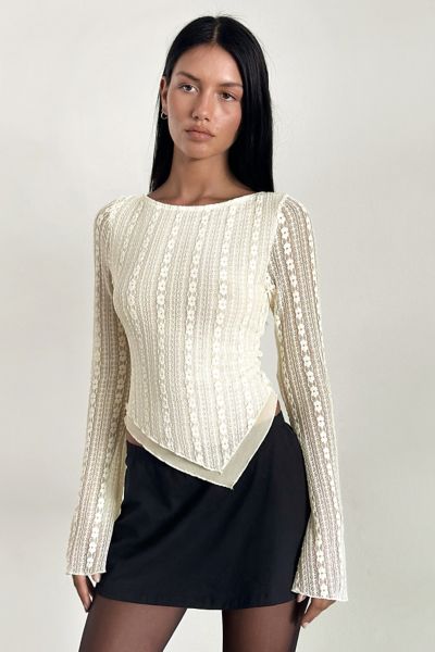 Motel Malakai Lace Asymmetric Boatneck Long Sleeve Top