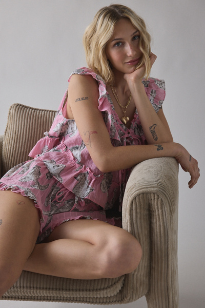 Out From Under Love Letters Ruffle Babydoll Top + Micro Shorts PJ Set