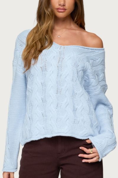 Edikted Inga Oversized Cable Knit Sweater In Light/blue, Women's At Urban Outfitters In Blue