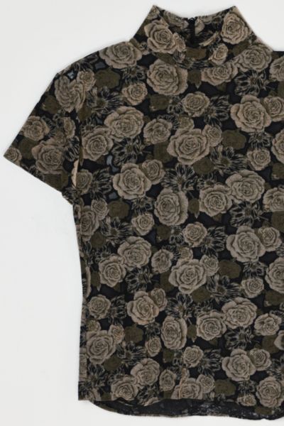 Vintage Y2k Tan & Black Roses Printed Mesh Top