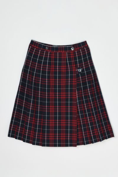 Vintage 90s Navy & Red Pleated Plaid Wrap Midi Skirt