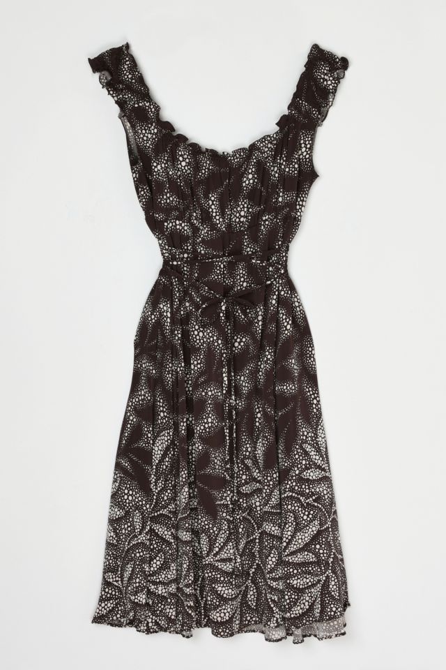Vintage Y2k Brown & White Printed Ruffled Silk Mini Dress #2