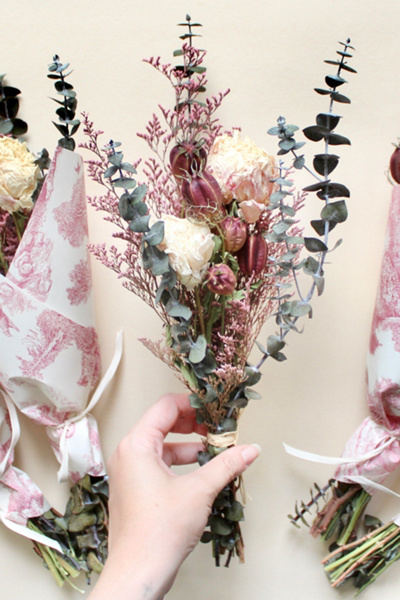 Roxanne’s Dried Flowers Pink Toile Bouquet