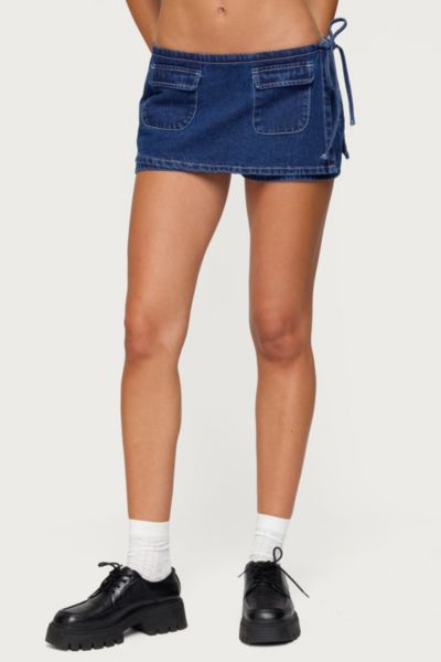Edikted Giselle Wrap Denim Mini Skort In Blue, Women's At Urban Outfitters