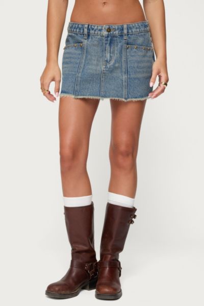 Edikted Keiko Studded Denim Mini Skirt In Blue, Women's At Urban Outfitters In Blue