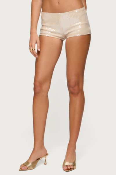 Edikted Roxey Sequin Micro Shorts In Cream, Women's At Urban Outfitters In Neutral