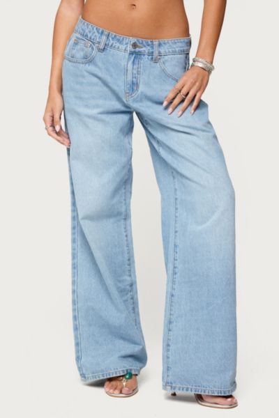 Edikted Mirra Embroidered Flower Low Rise Jeans In Blue, Women's At Urban Outfitters In Blue
