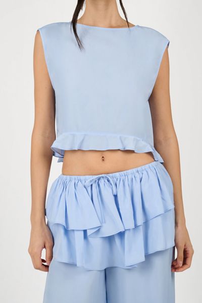 Weworewhat Boat Neck Ruffle Top In Blue