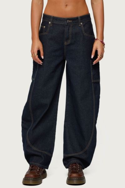 Edikted Aden Contrast Stitch Barrel Jeans In Dark/blue, Women's At Urban Outfitters