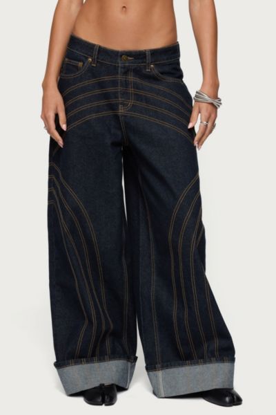 Edikted Cuffed Low Rise Wide Leg Jeans In Indigo/blue/raw, Women's At Urban Outfitters In Blue