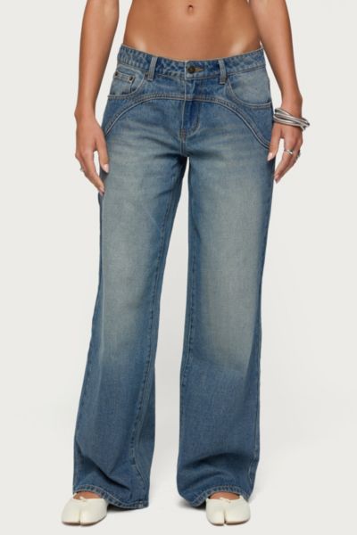 Edikted Ronny Curved Stitch Low Rise Jeans In Blue/washed, Women's At Urban Outfitters In Blue