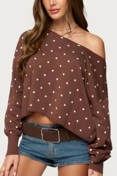 Edikted Oversized Off Shoulder Polka Dot Sweater In Brown, Women's At Urban Outfitters In Brown
