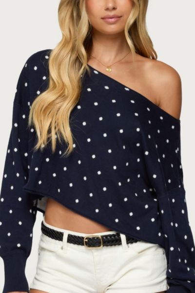 Edikted Oversized Off Shoulder Polka Dot Sweater In Navy, Women's At Urban Outfitters In Multi
