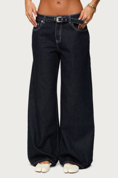 Edikted Karah Belt Low Rise Jeans In Dark/blue, Women's At Urban Outfitters In Black