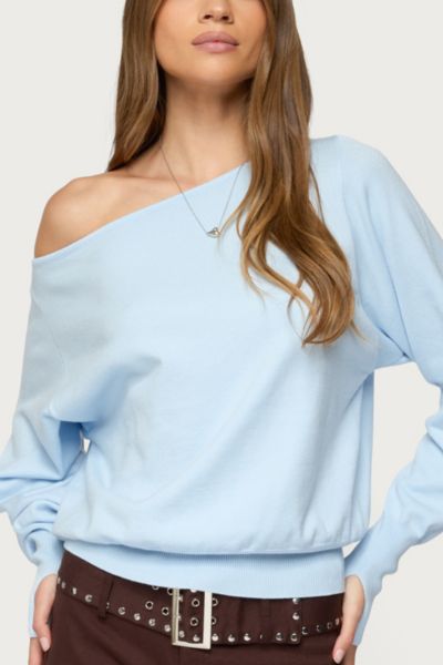 Edikted Off Shoulder Oversized Sweater In Light/blue, Women's At Urban Outfitters In Blue