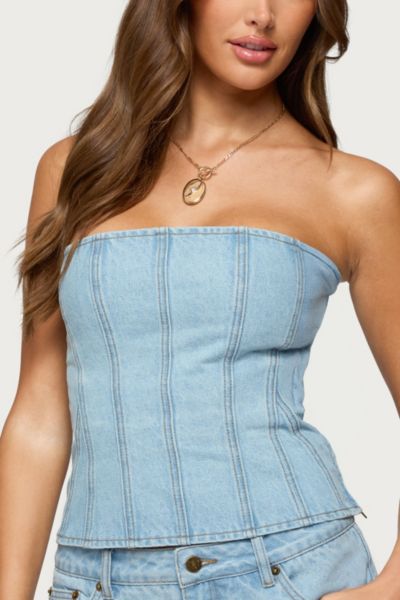 Edikted Camelia Strapless Denim Corset In Light/blue, Women's At Urban Outfitters In Blue