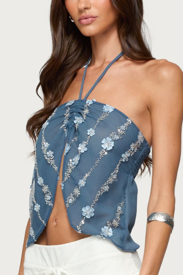 Edikted Beaded Floral Split Front Halter Top #2