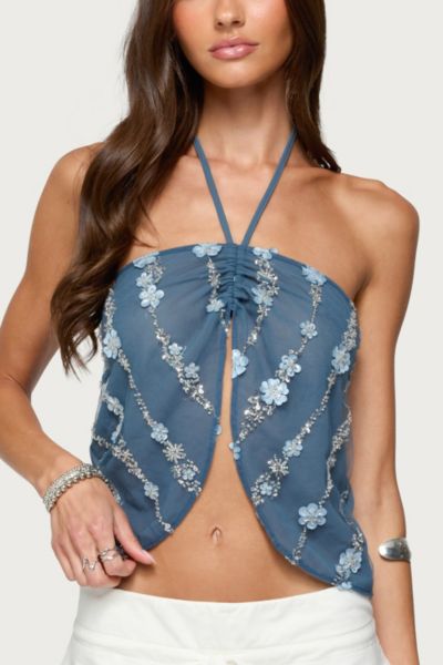 Edikted Beaded Floral Split Front Halter Top
