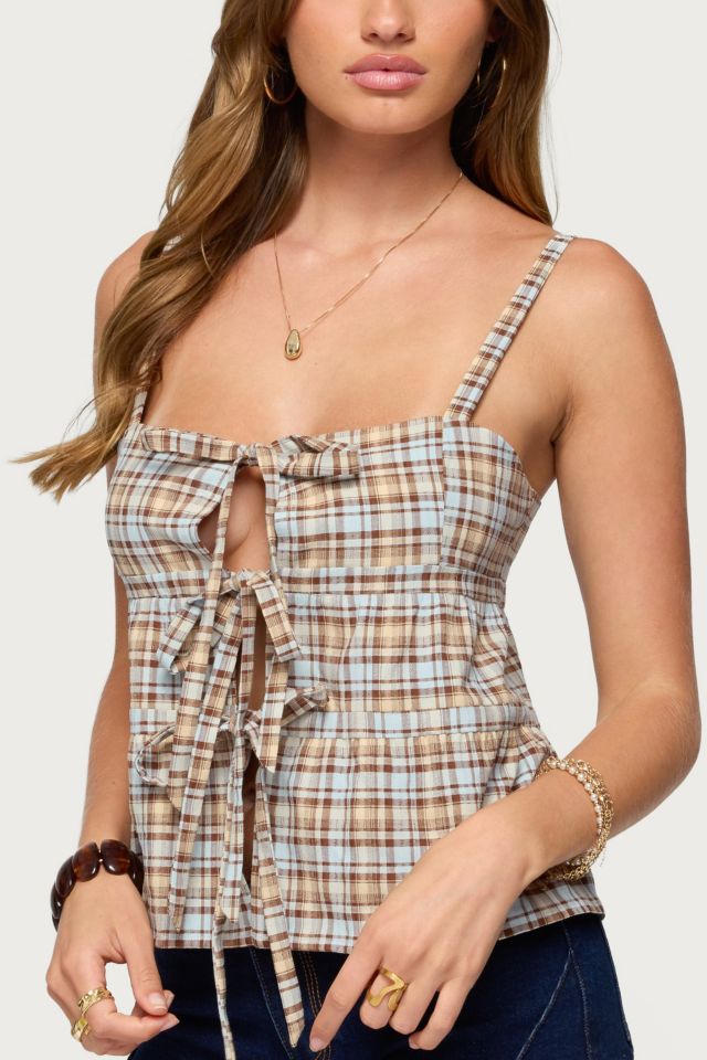 Edikted Mirena Tie Front Plaid Top #2