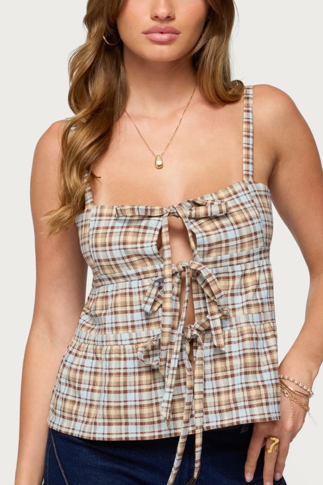 Edikted Mirena Tie Front Plaid Top