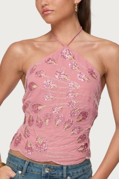 Edikted Embroidered Bead & Sequin Halter Top