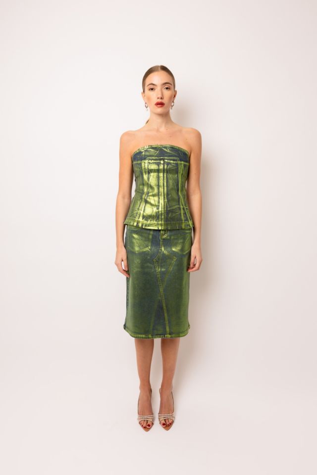 Amy Lynn Clara Denim Foil Coated Midi Skirt #1