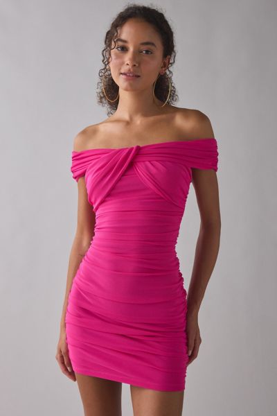 Lulus Harper Off-the-shoulder Ruched Mesh Mini Dress In Pink, Women's At Urban Outfitters