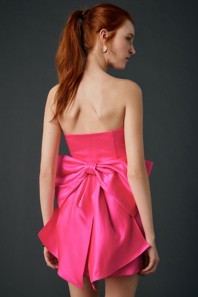 pink dress with bow on back Prom Draped Bodice 47669 Womens Tulle Satin Bow Elenora Mini Dress - Pink